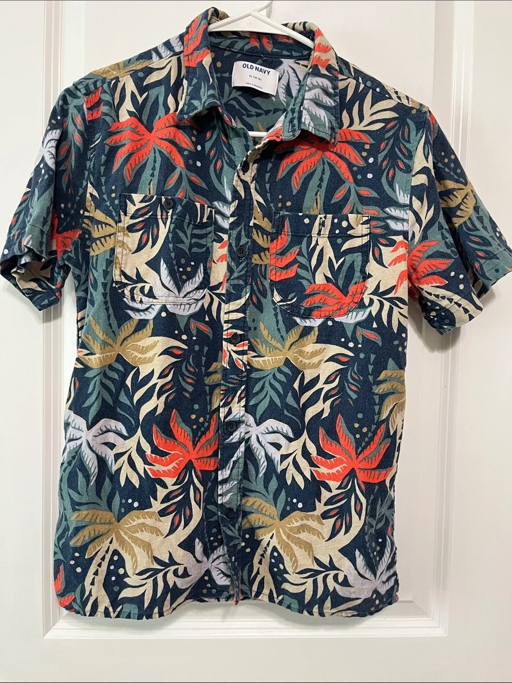 Old Navy Short Sleeve Tropical Linen Blend Pocket Shirt Sz XL